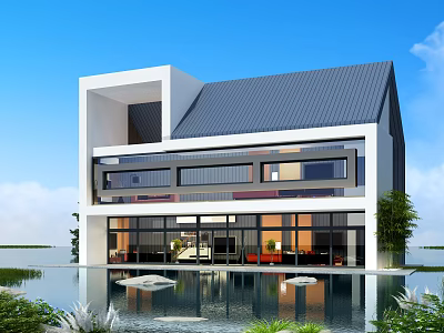 Modern Detached Villa With White Exterior Gray Roof Large Windows Front Water Feature And Greenery 3d model