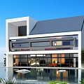 Modern Detached Villa With White Exterior Gray Roof Large Windows Front Water Feature And Greenery