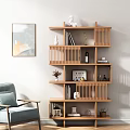 Modern Wooden Shelving Unit In Living Room With Multilayer Open Design And Books Decorations Vases