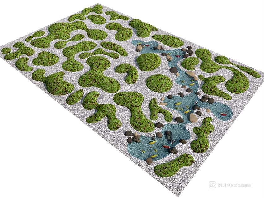 Miniature Garden Landscape Design With Moss Covered Patches Small Winding Stream Stones And Fish 3d model 