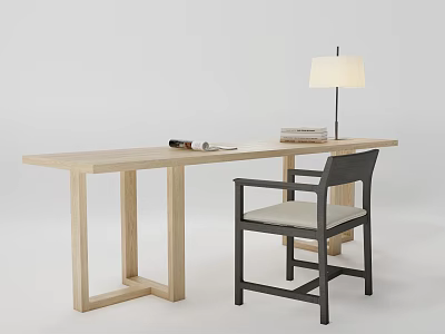 Modern Light Wood Desk With Chair Table Lamp Books And Open Magazine 3d model