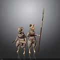 Two Mouse Like Characters In Red Straps Standing Together With Spear And Small Tool