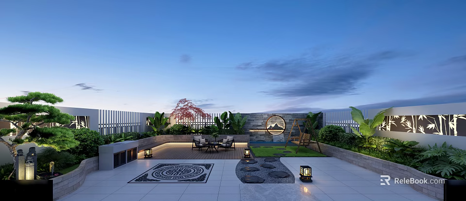 Stylish New Chinese Rooftop Garden Landscape With Relaxing Seating Area And Lush Green Plants 3d model 