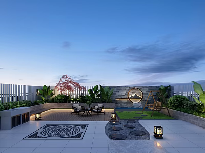 Stylish New Chinese Rooftop Garden Landscape With Relaxing Seating Area And Lush Green Plants 3d model