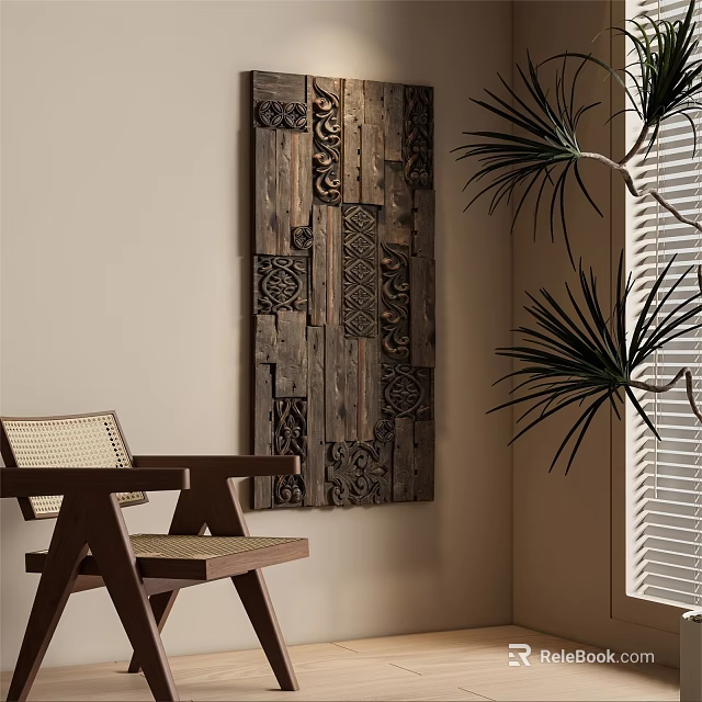 Rattan Leisure Chair Interior Design With Wooden Decorative Wall Green Plant And Window Blinds 3d model 