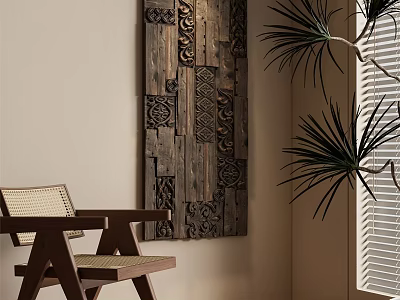 Rattan Leisure Chair Interior Design With Wooden Decorative Wall Green Plant And Window Blinds 3d model