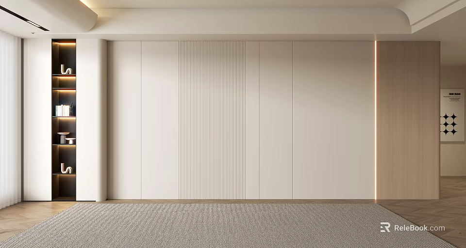 Modern Minimalist Sofa Background Wall With Vertical Stripes And Wooden Panel Design 3d model