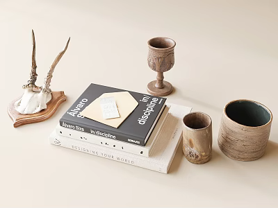 Natural Decorative Ornament Set With Antler Decor Books Envelope Goblet And Ceramic Cup 3d model