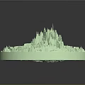 Light Green 3D Miniature City Landscape With Castle Mountains And Roads On Circular Base