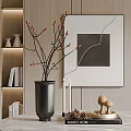 Decorative Ornament Set with Black Vase Branches White Candles Wooden Spheres Pinecones and Abstract Painting