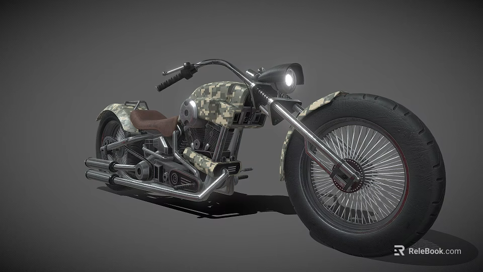 Camouflage Designed Motorcycle With Brown Seat Large Tires Chrome Exhaust Pipes And Round Headlight 3d model 