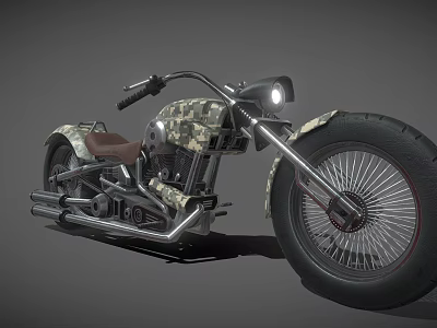 Camouflage Designed Motorcycle With Brown Seat Large Tires Chrome Exhaust Pipes And Round Headlight 3d model