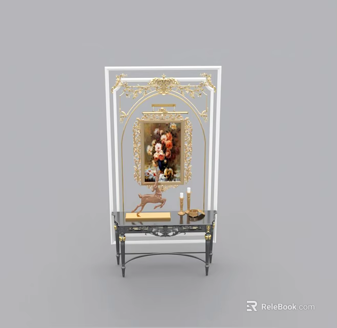 Elegant Black Console Table With Golden Framed Painting Deer Figurine And Candles 3d model 