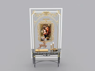 Elegant Black Console Table With Golden Framed Painting Deer Figurine And Candles 3d model