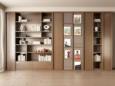 Modern Wooden Bookcase With Multiple Shelves Books Decorative Items And Photo Frames 3d model
