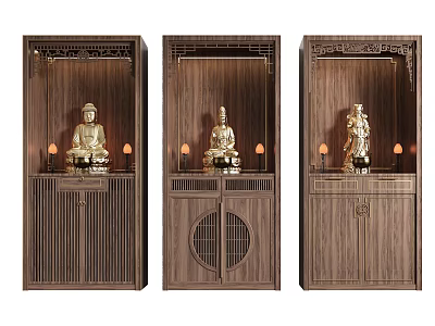 Chinese Style Wooden Buddhist Shrine Cabinet With Buddha Statue Lamp And Lattice Door 3d model
