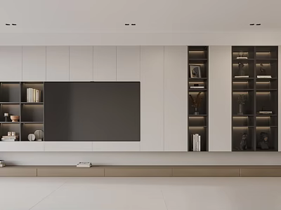 Modern TV Wall Unit With White Cabinets Open Shelving Decorative Items And LED Lighting 3d model