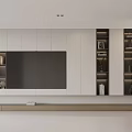 Modern TV Wall Unit With White Cabinets Open Shelving Decorative Items And LED Lighting