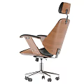 Modern Office Chair With Black Leather Seat Wooden Armrests Adjustable Headrest And Chrome Metal Base