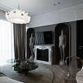 Elegant Modern Living Room Interior Design With Chandelier Mirror Fireplace And Area Rug