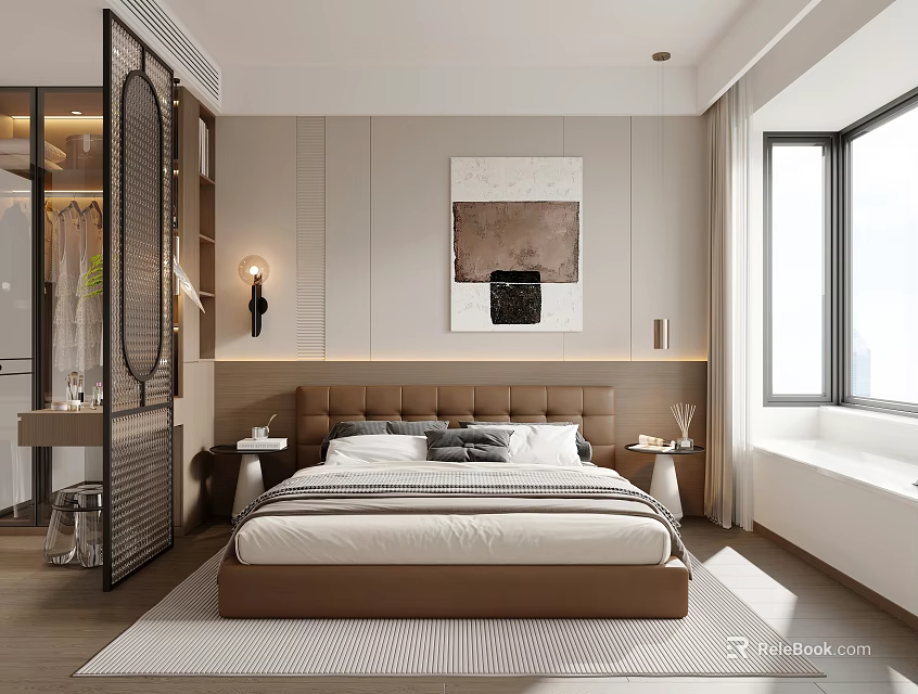 Modern Bedroom Interior Design With Upholstered Headboard Nightstands And Wall Art 3d model 