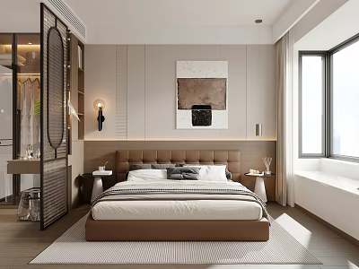 Modern Bedroom Interior Design With Upholstered Headboard Nightstands And Wall Art 3d model