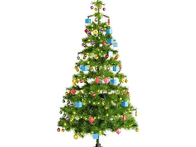 Christmas Themed Bonsai Plant Decorated With Colorful Gifts Ornaments And Lights 3d model