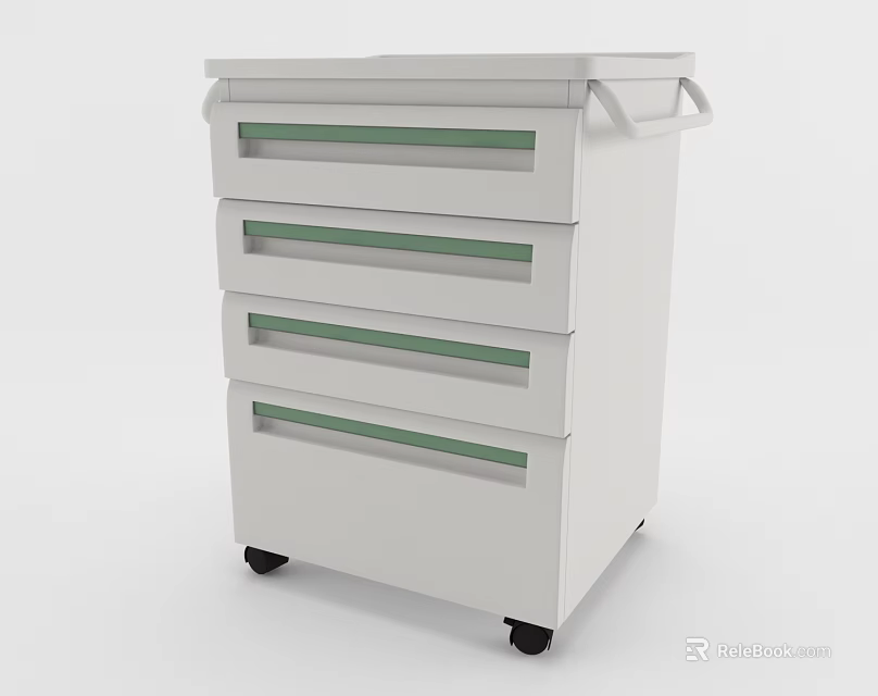 White Mobile Bookcase With Four Drawers And Green Stripes On Rolling Wheels Design 3d model 