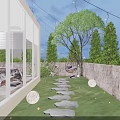 Garden Landscape With Stepping Stones Path Green Lawn Large Tree String Lights And Hanging Chair