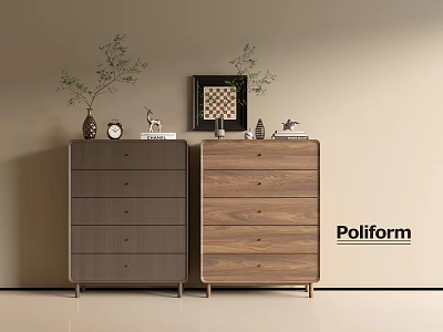 Modern Poliform Console And Side Cabinets With Gray Wooden Finish And Decorative Items 3d model