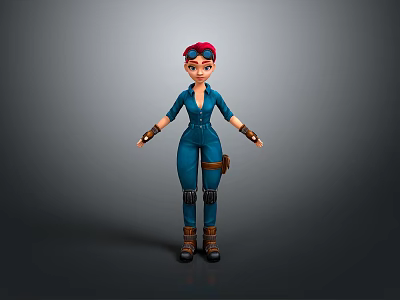 3D Woman Character In Blue Jumpsuit With Red Headband Brown Boots And Tool Belt 3d model