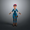 3D Woman Character In Blue Jumpsuit With Red Headband Brown Boots And Tool Belt