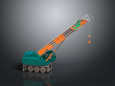 Green And Orange Mobile Crane Model With Long Boom Hook And Wheels 3d model