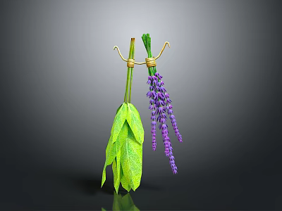 Green Leaf and Purple Lavender Plants Hanging with Gold Hooks on Gray Background 3d model