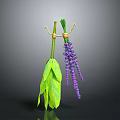 Green Leaf and Purple Lavender Plants Hanging with Gold Hooks on Gray Background