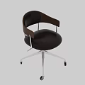 Modern Office Chair With Brown Leather Seat Wooden Armrests And Metal Base Wheels