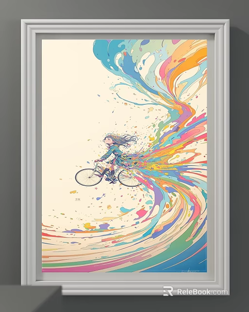 Abstract Painting Of Girl Riding Bicycle With Colorful Flowing Paint Splashes 3d model 