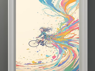 Abstract Painting Of Girl Riding Bicycle With Colorful Flowing Paint Splashes 3d model