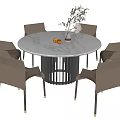 Modern Round Marble Dining Table Set with Black Base Six Light Brown Chairs and Tabletop Decor 3d model