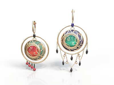 Elegant Luxury Earrings With Golden Double Circle Design Colored Stones And Tassel Dangles 3d model