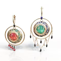 Elegant Luxury Earrings With Golden Double Circle Design Colored Stones And Tassel Dangles