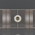 Modern Entrance Door With Metal Lattice Panels And Circular Central Motif
