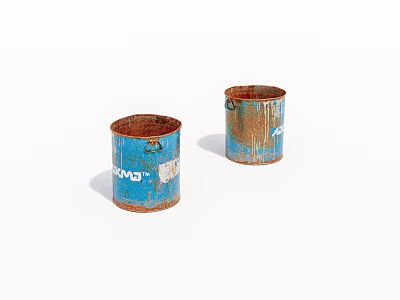 Two Rusty Blue Metal Cans With Faded Labels On White Surface 3d model