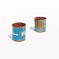 Two Rusty Blue Metal Cans With Faded Labels On White Surface