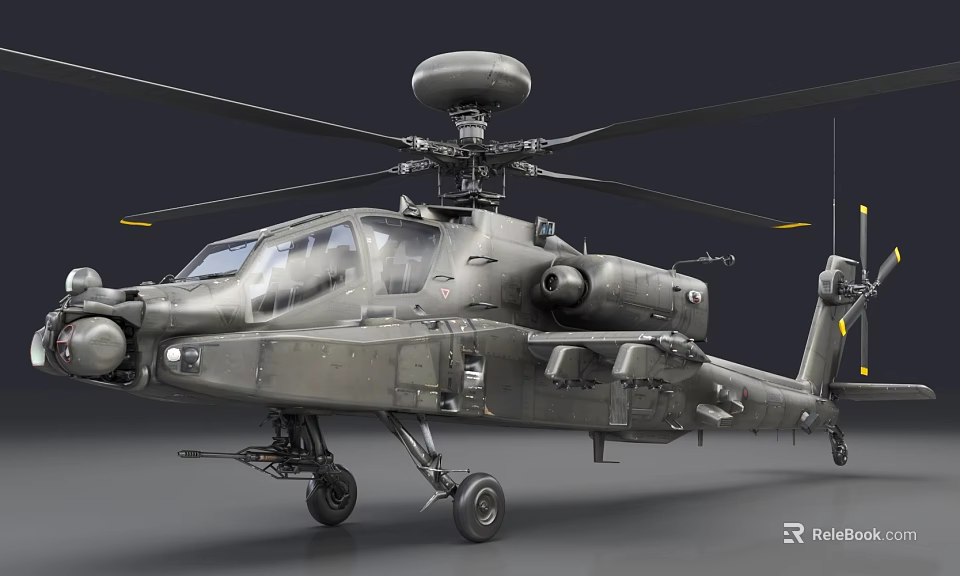 Military Attack Helicopter with Radar System Weapon Equipment Gray Body and Rotors Detailed View 3d model 