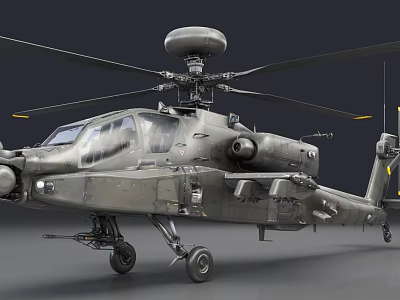 Military Attack Helicopter with Radar System Weapon Equipment Gray Body and Rotors Detailed View 3d model