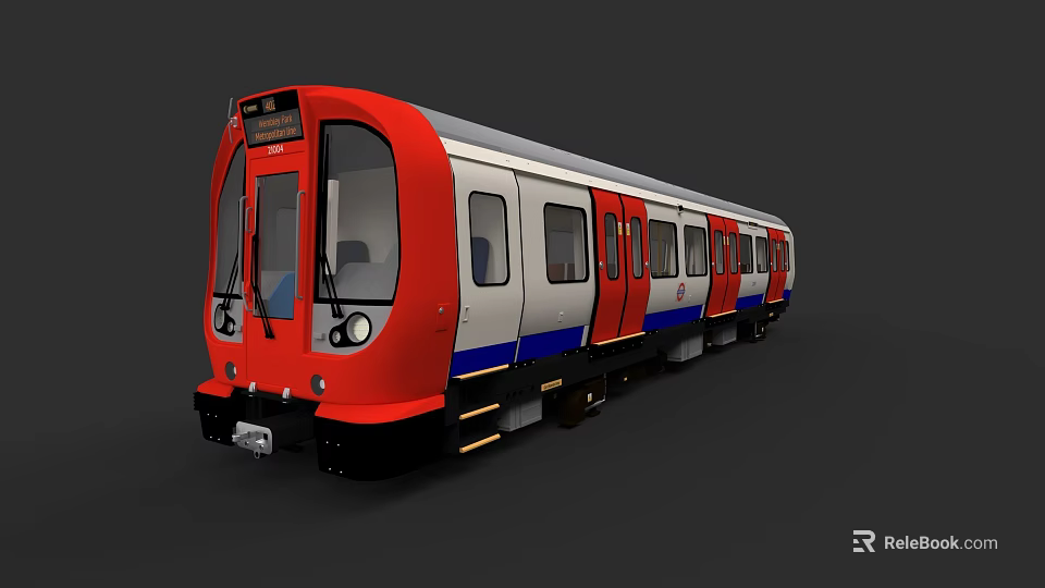Modern Red and White Subway Train with Blue Accents and Multiple Carriages 3d model 