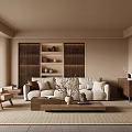 Minimalist Living Room with Beige Sofa Wooden Coffee Table Rattan Bookshelf and Area Rug