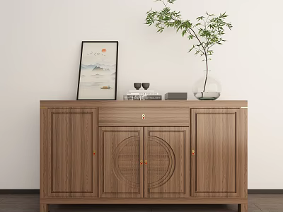Chinese Style Wooden Entryway Console Cabinet With Plant Vase And Landscape Painting 3d model