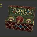 Red Diamond Pattern Decorative Box with Green Lining Red Hat Silver Bowls and Golden Patterns 3d model